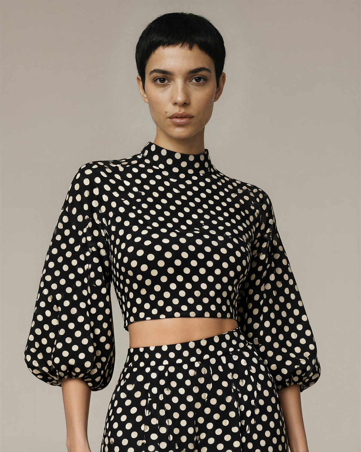 Anita Polka Dot Blouse and Wide Leg Trouser Set, black, close up above the waist