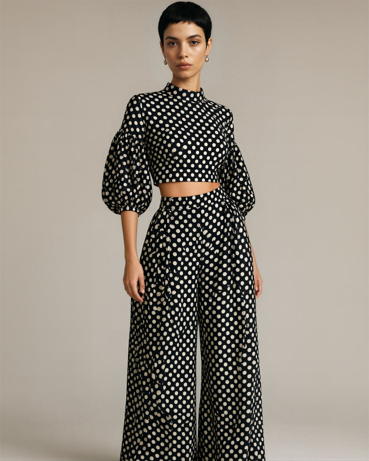 Anita Polka Dot Blouse and Wide Leg Trouser Set, black, three quarter view