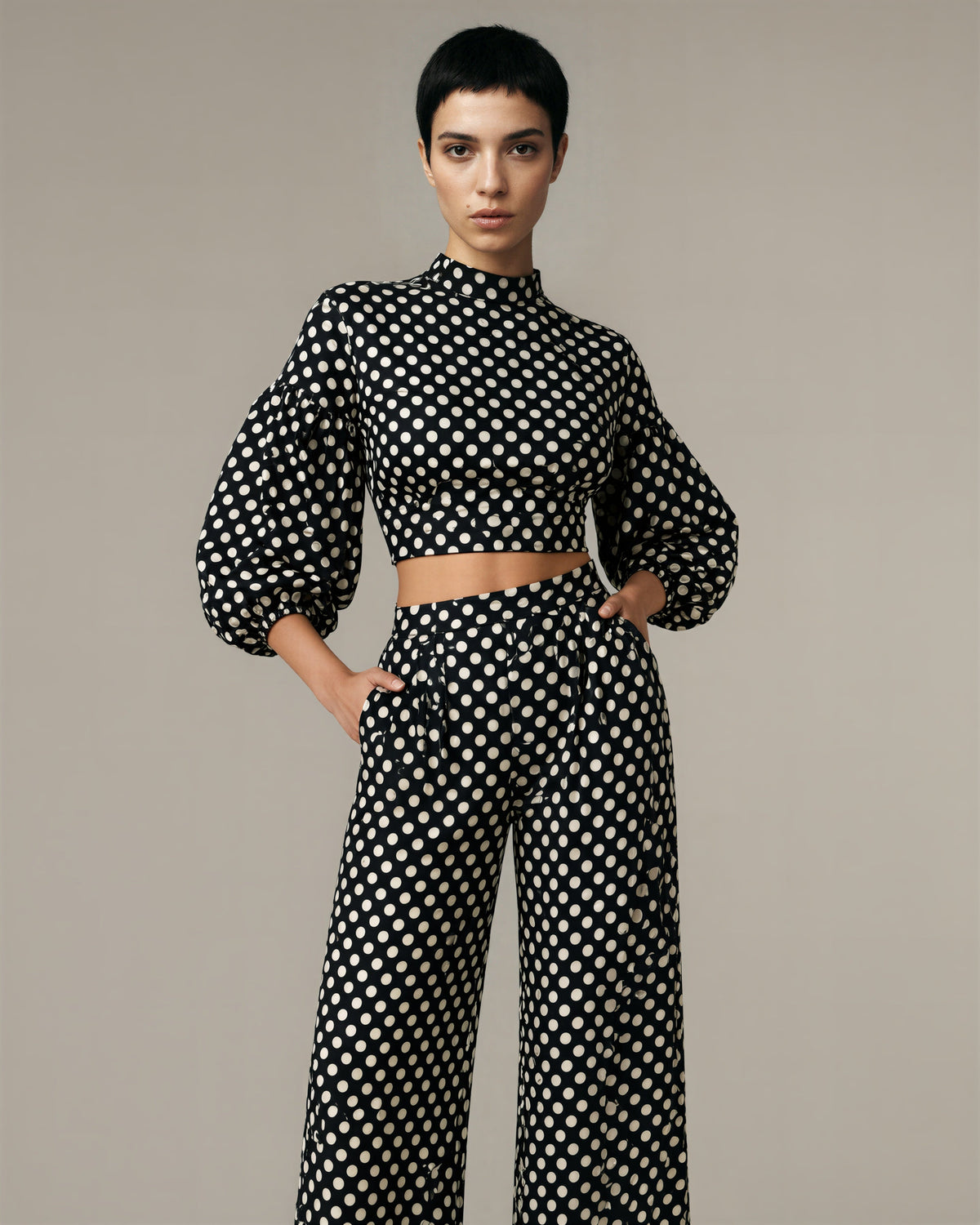 Anita Polka Dot Blouse and Wide Leg Trouser Set, black, front, hands on the waist