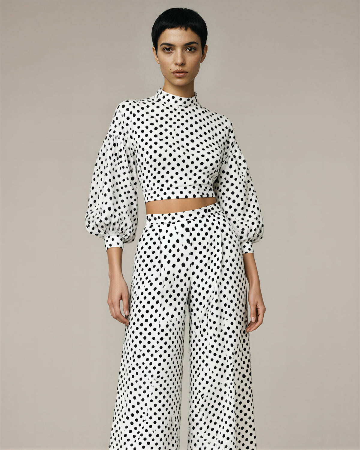 Anita Polka Dot Blouse and Wide Leg Trouser Set, white color option