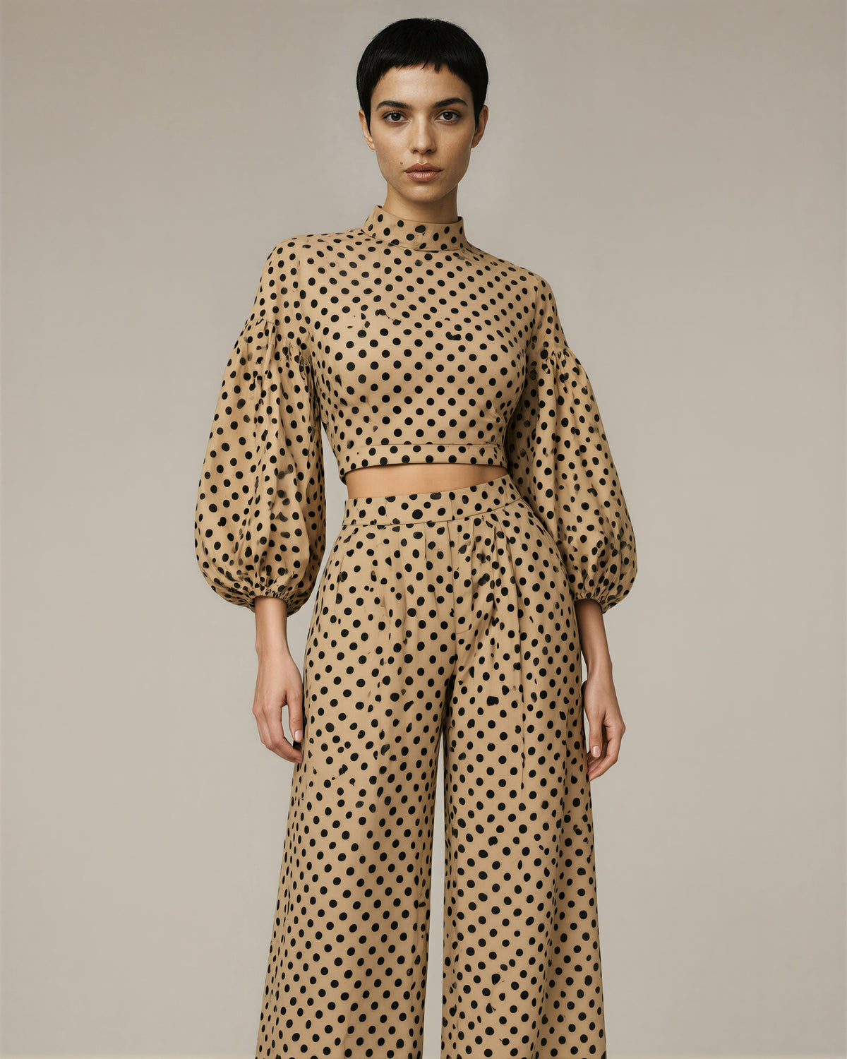 Anita Polka Dot Blouse and Wide Leg Trouser Set, beige color option