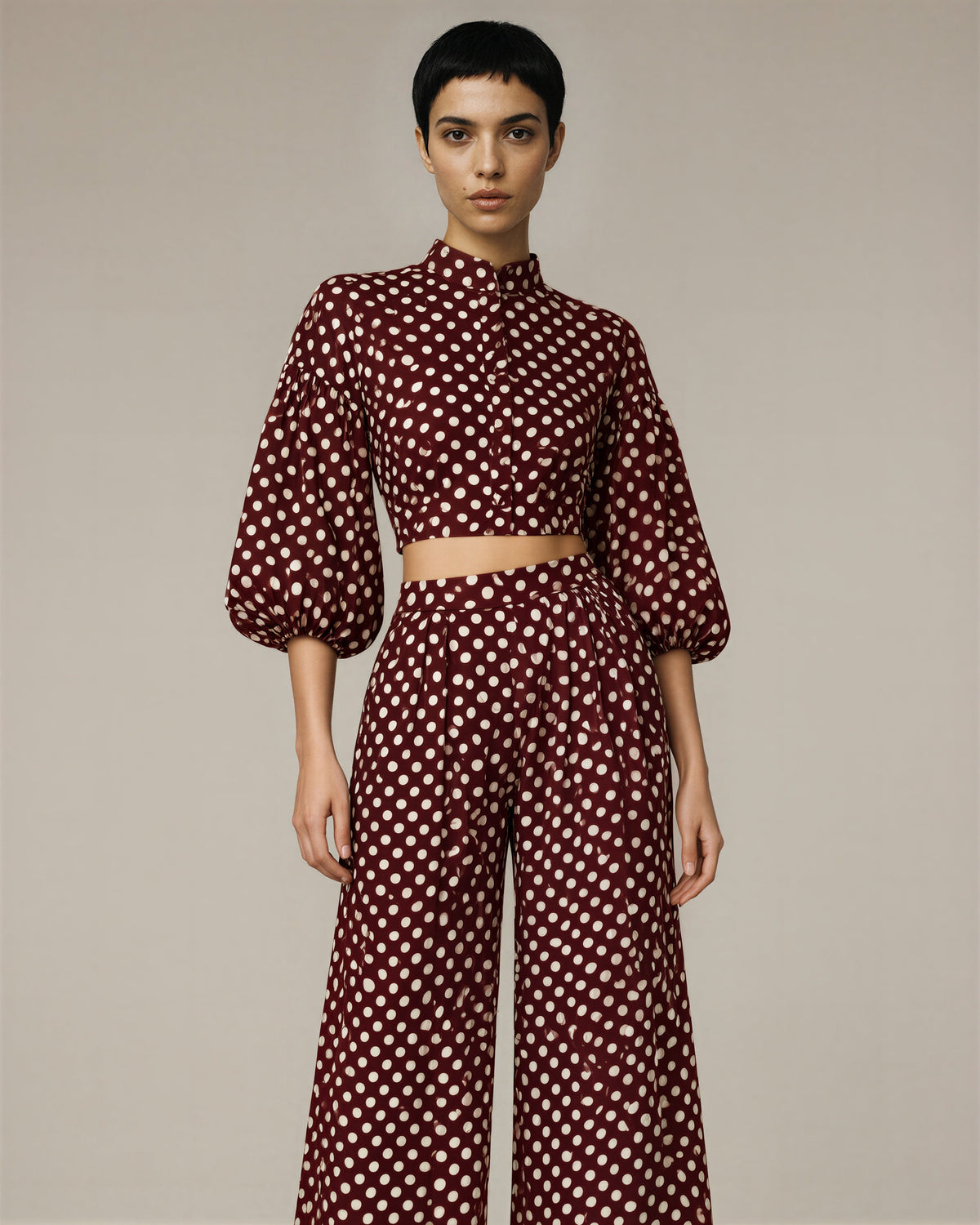 Anita Polka Dot Blouse and Wide Leg Trouser Set, burgundy color option