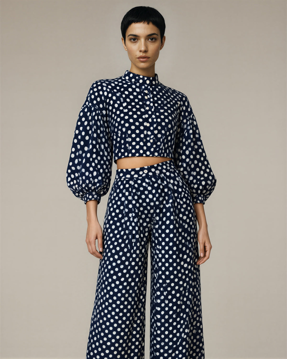 Anita Polka Dot Blouse and Wide Leg Trouser Set, navy color option