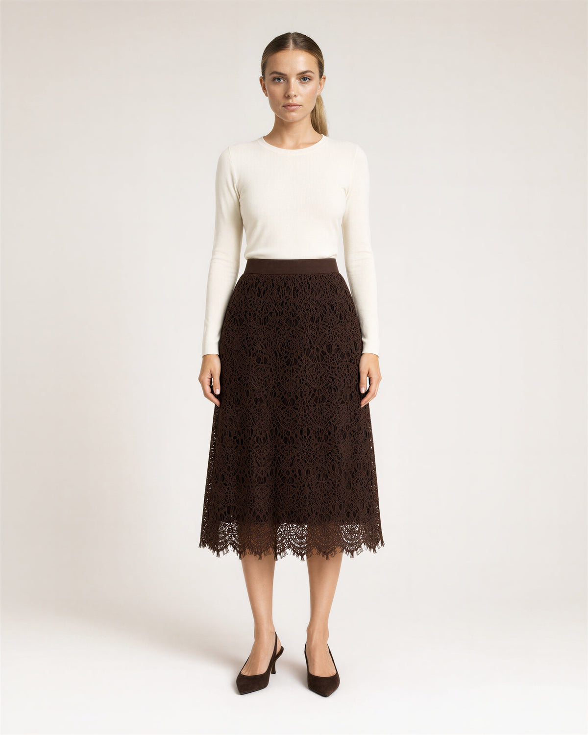 Annalisa Lined Guipure Lace A Line Midi Skirt, brown, full length front view