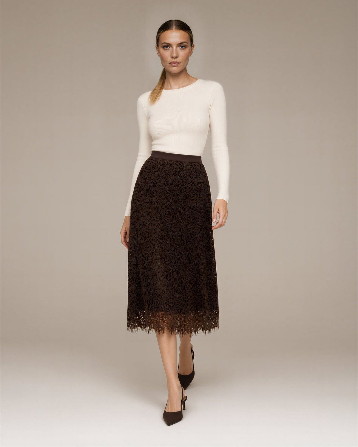 Annalisa Lined Guipure Lace A Line Midi Skirt, brown, full length walking view