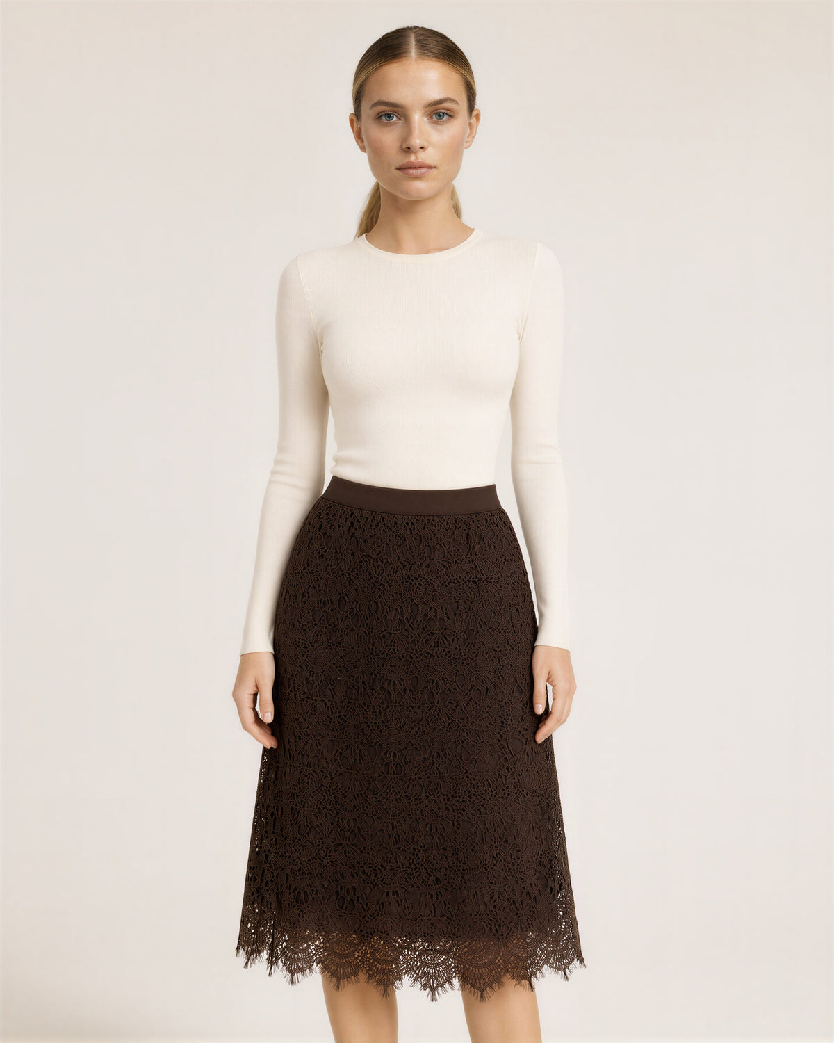 Annalisa Lined Guipure Lace A Line Midi Skirt, brown, front view