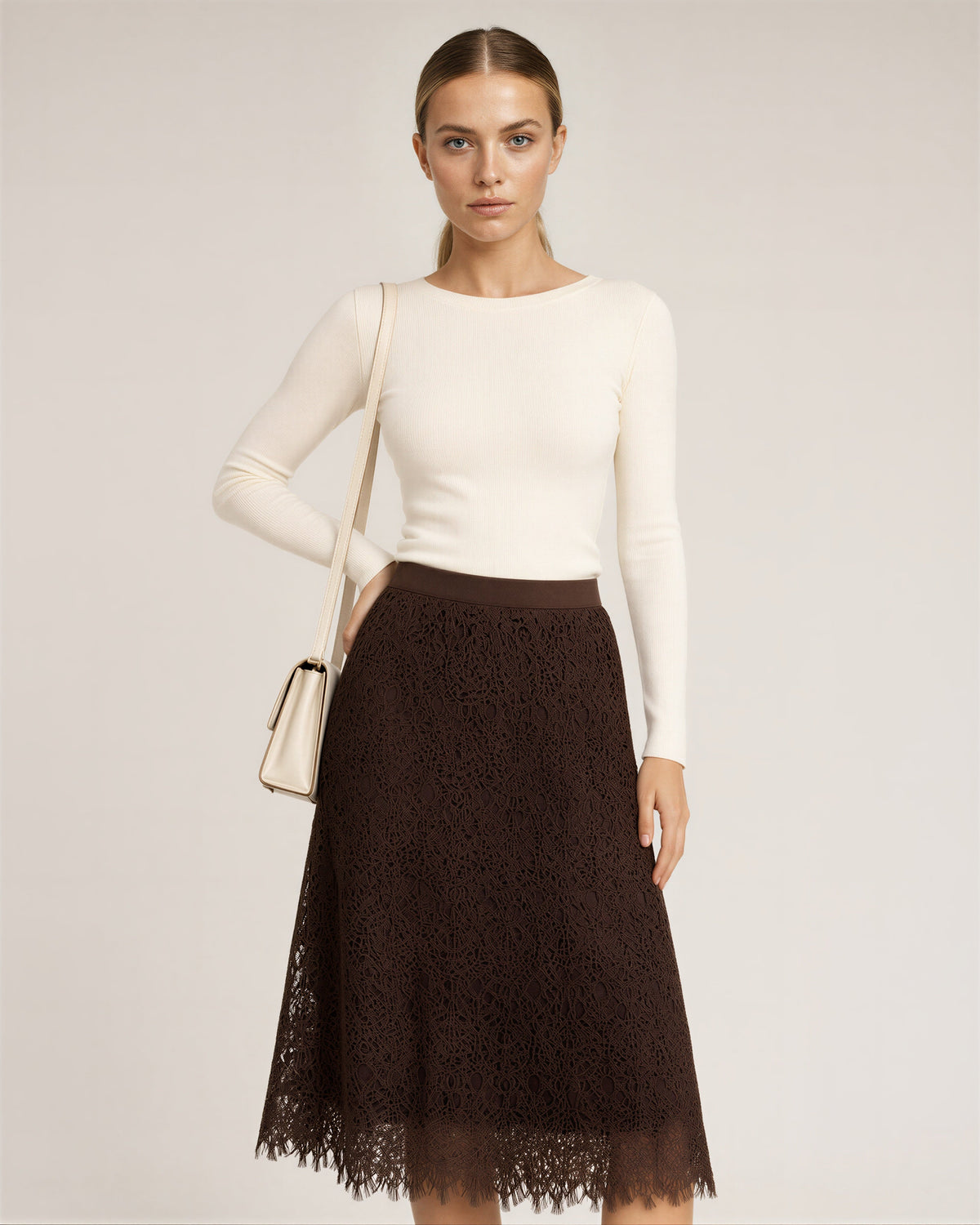 Annalisa Lined Guipure Lace A Line Midi Skirt, brown, front, hands on the waist