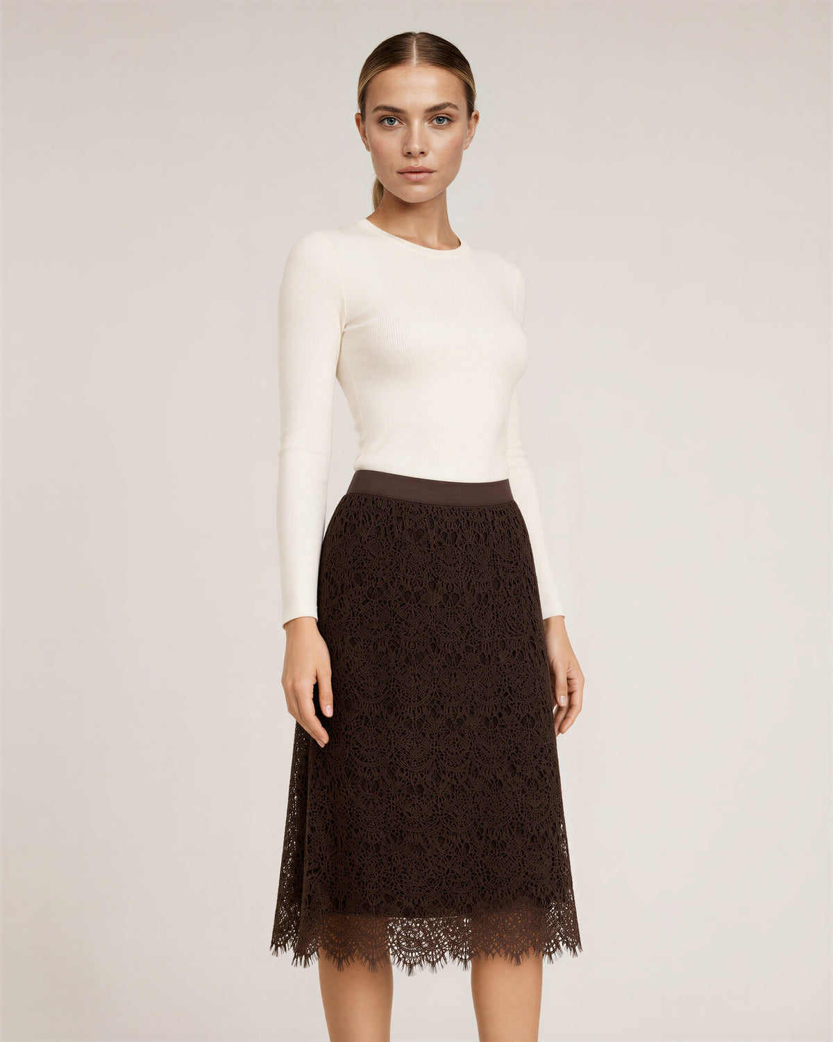 Annalisa Lined Guipure Lace A Line Midi Skirt, brown, three quarter view