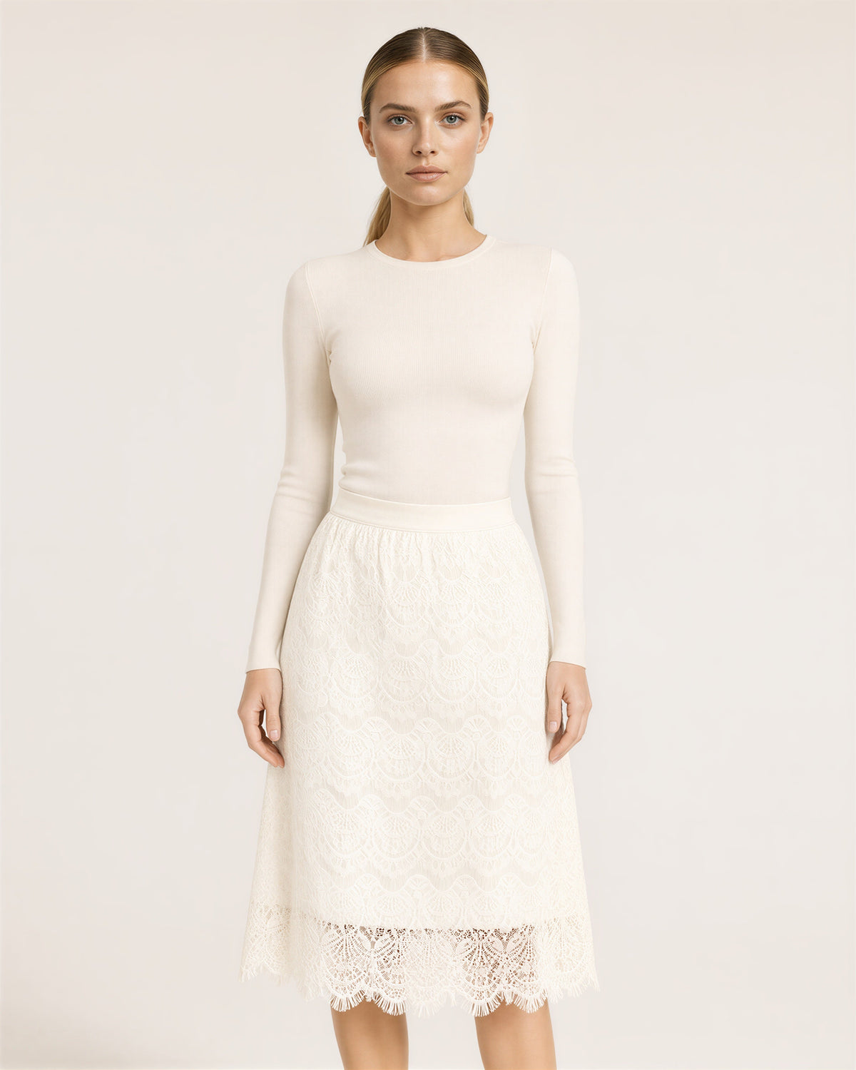 Annalisa Lined Guipure Lace A Line Midi Skirt, off white color option