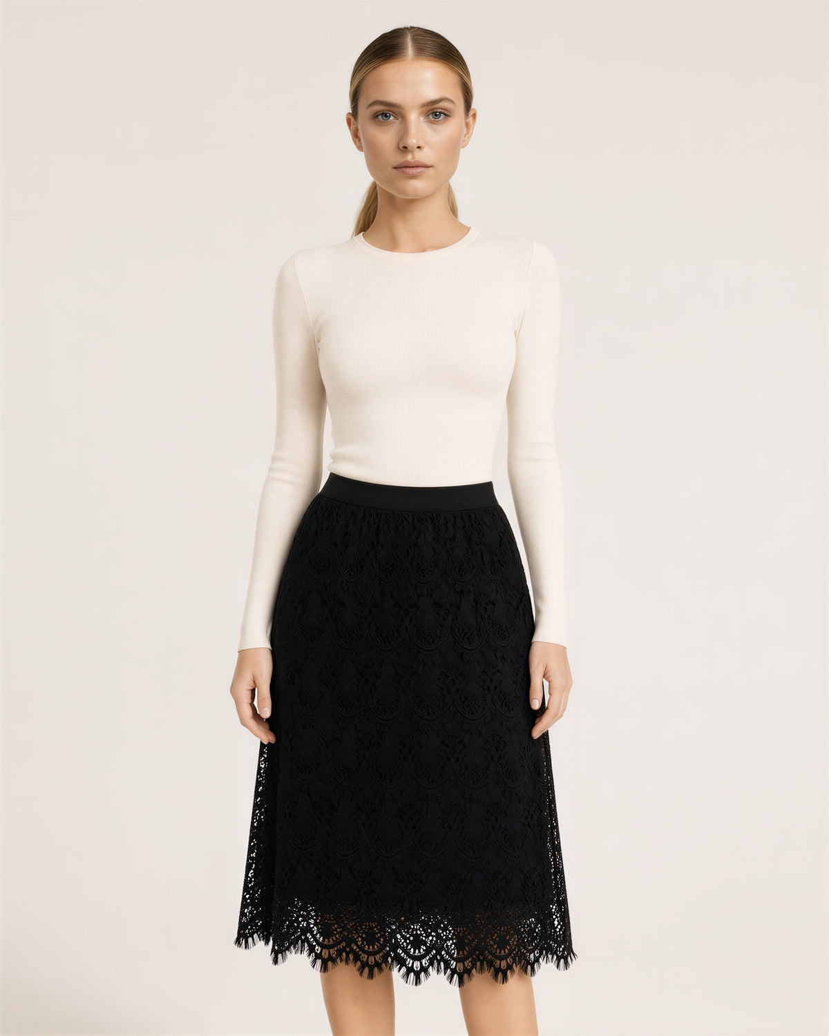 Annalisa Lined Guipure Lace A Line Midi Skirt, black color option