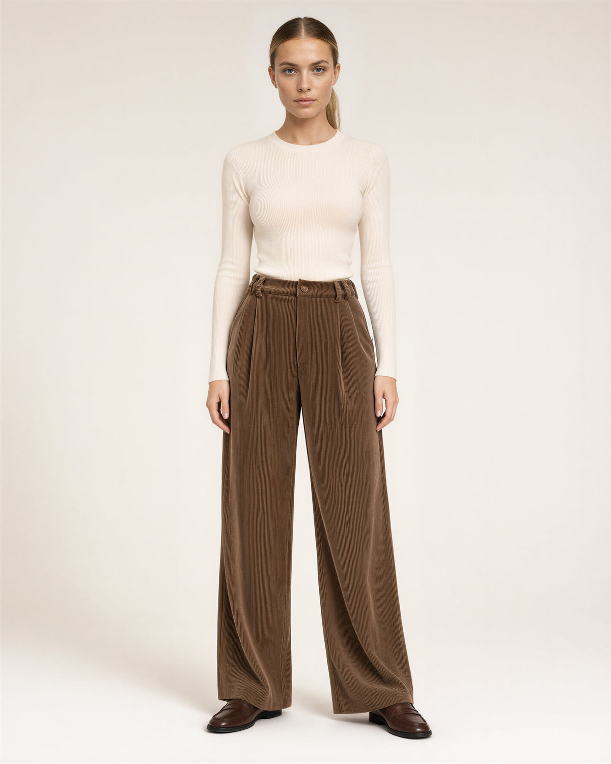 Aurea Pleated Wide Leg Corduroy Trousers, brown, full length front view