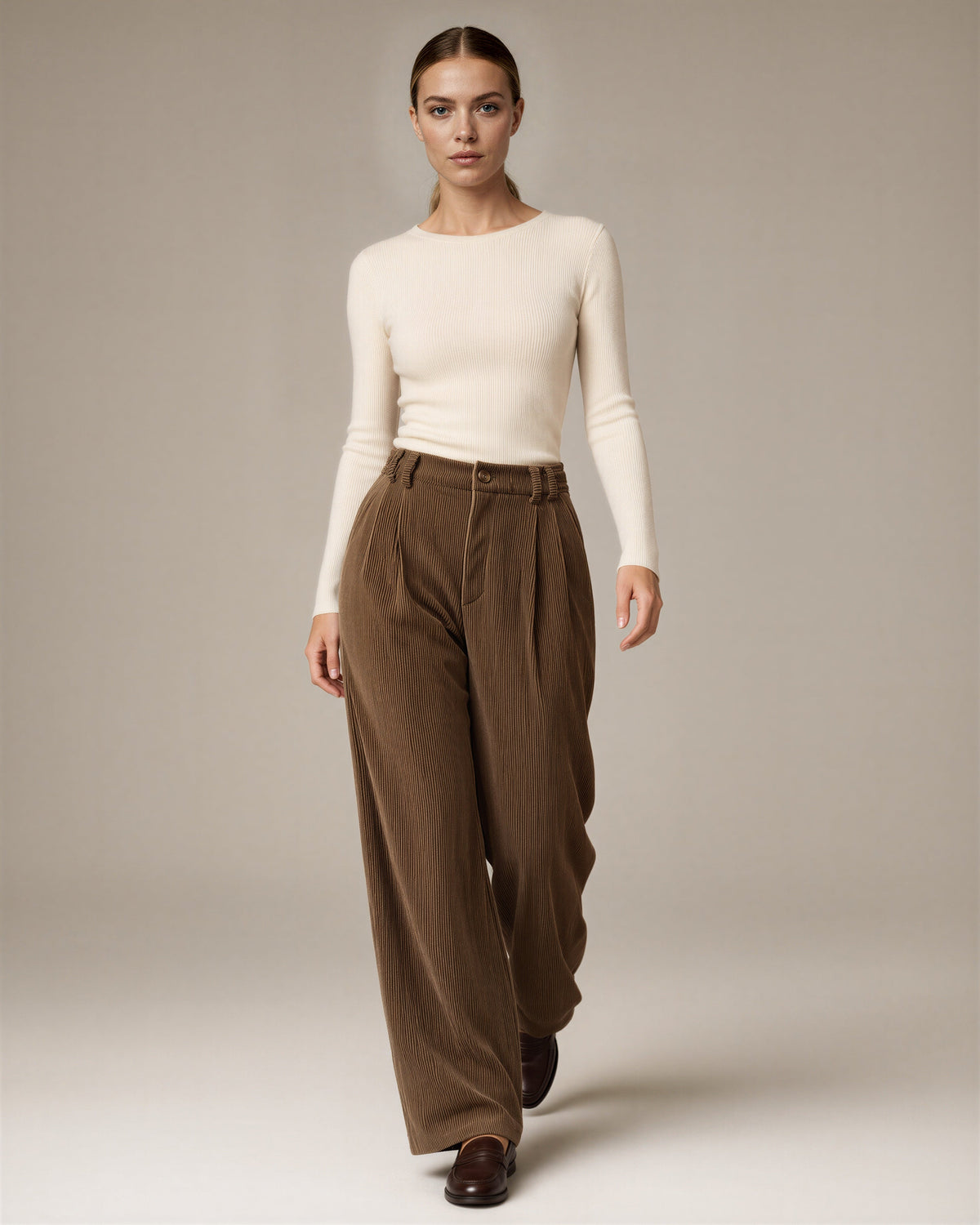 Aurea Pleated Wide Leg Corduroy Trousers, brown, full length walking view