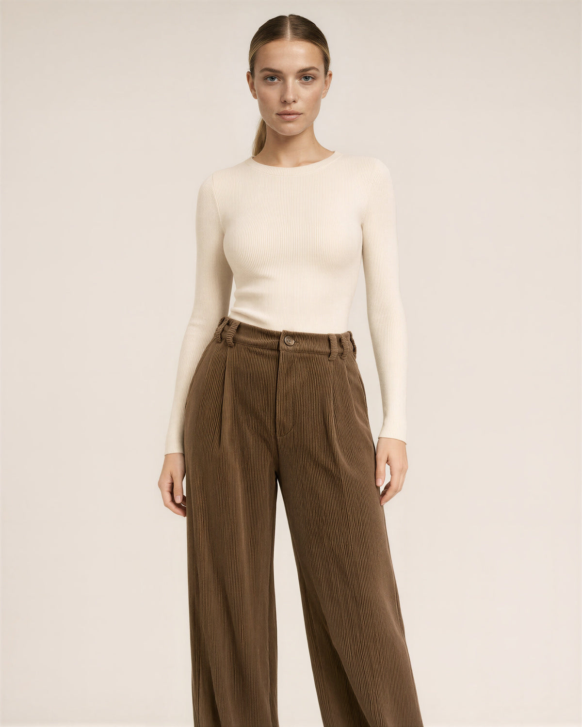 Aurea Pleated Wide Leg Corduroy Trousers, brown, front view