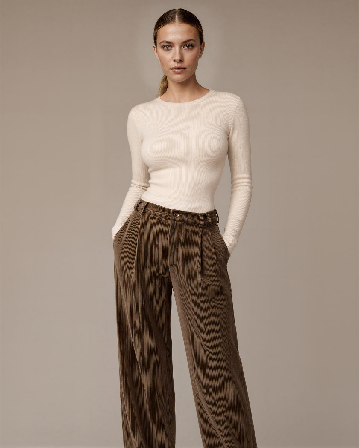 Aurea Pleated Wide Leg Corduroy Trousers, brown, front, hands in pockets