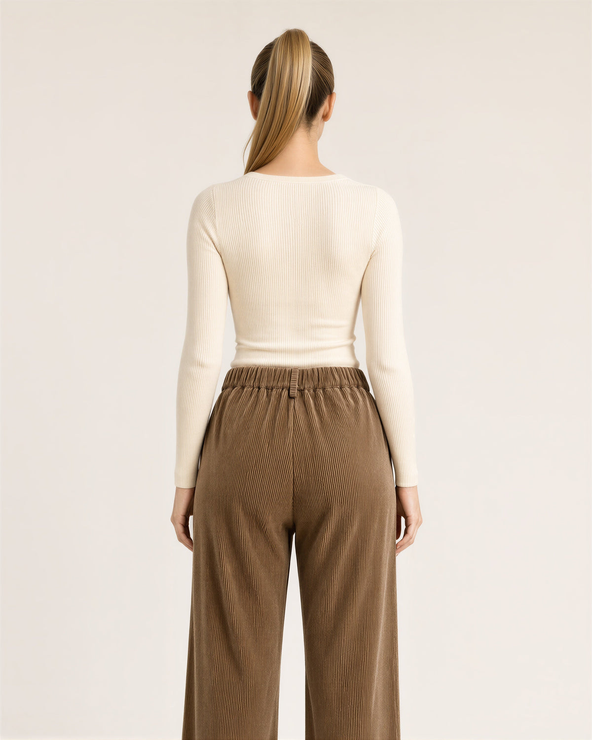 Aurea Pleated Wide Leg Corduroy Trousers, brown, back view