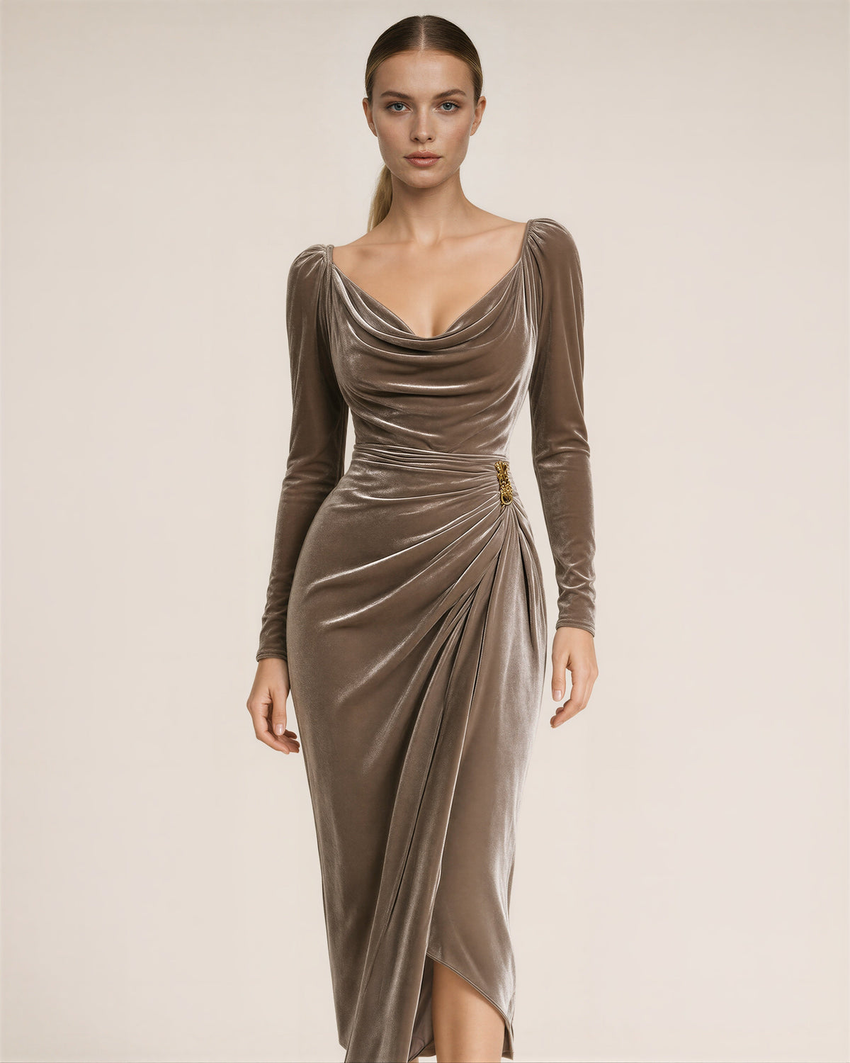 Aurelia Off Shoulder Draped Velvet Midi Dress, mink, front view