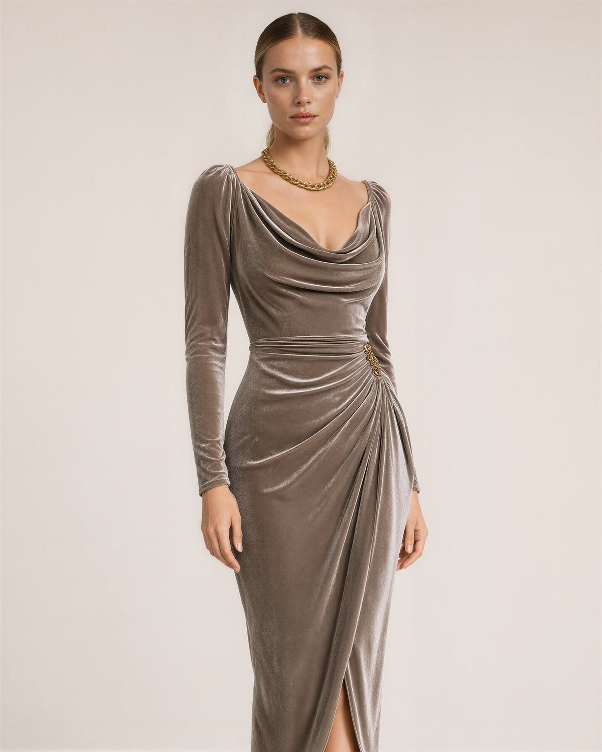 Aurelia Off Shoulder Draped Velvet Midi Dress, mink, three quarter view