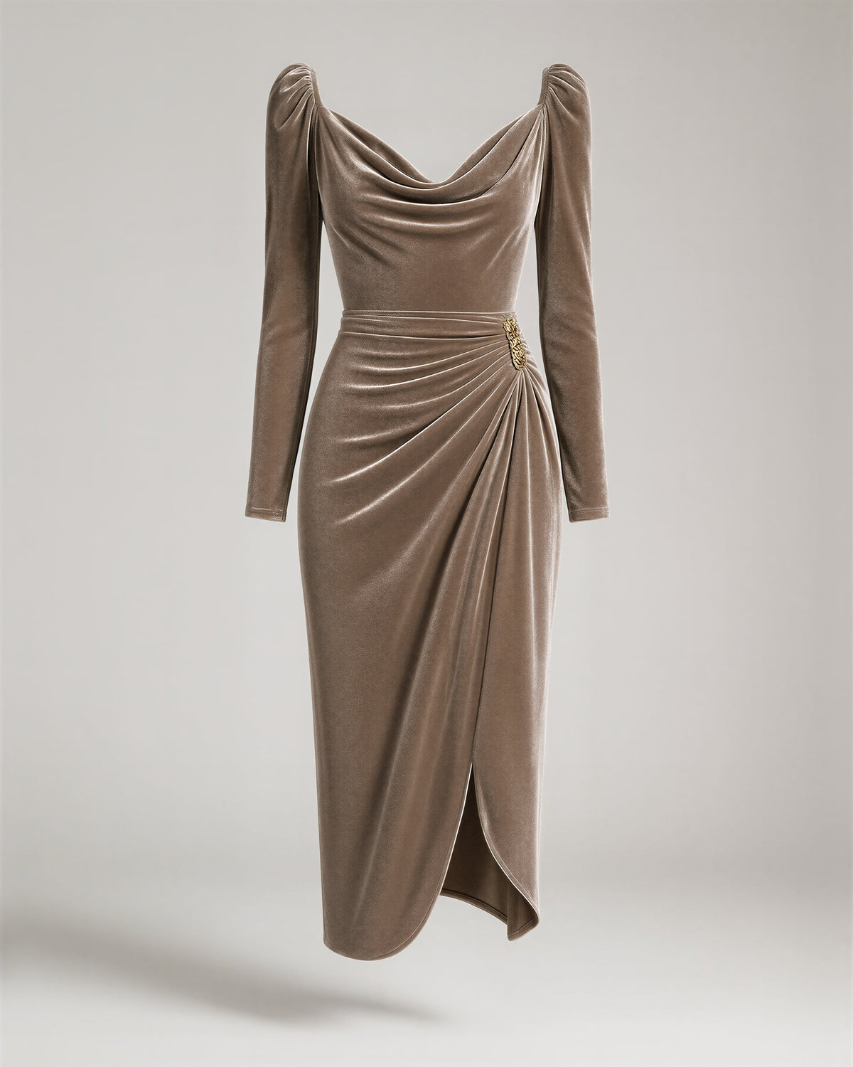 Aurelia Off Shoulder Draped Velvet Midi Dress, mink, product view without a model