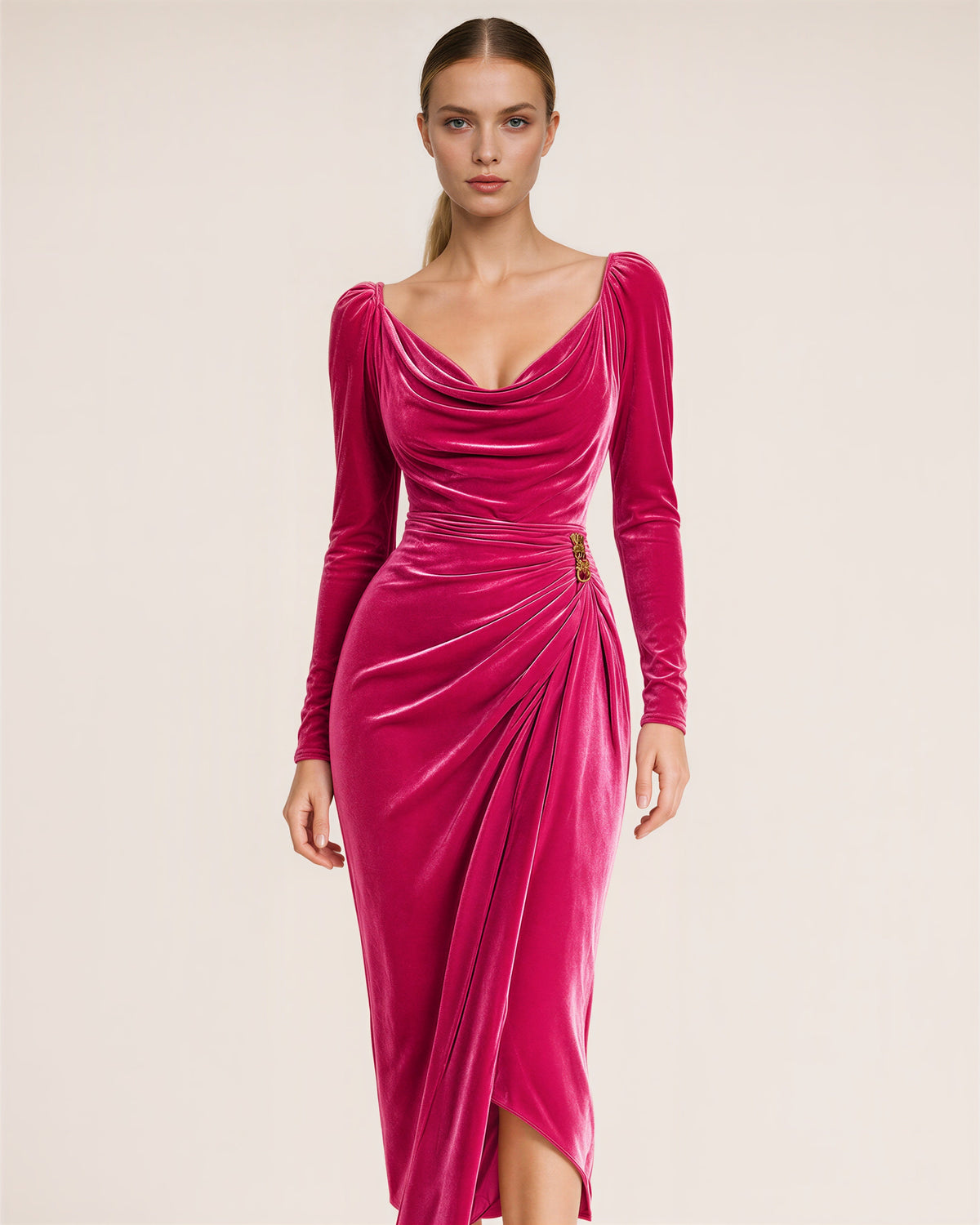 Aurelia Off Shoulder Draped Velvet Midi Dress, raspberry color option