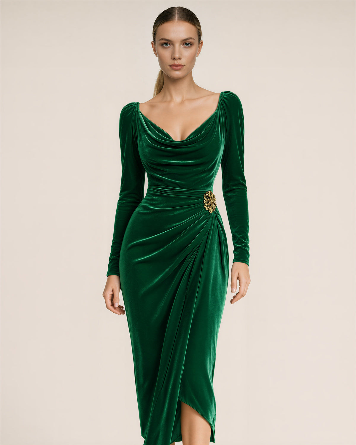 Aurelia Off Shoulder Draped Velvet Midi Dress, emerald green color option