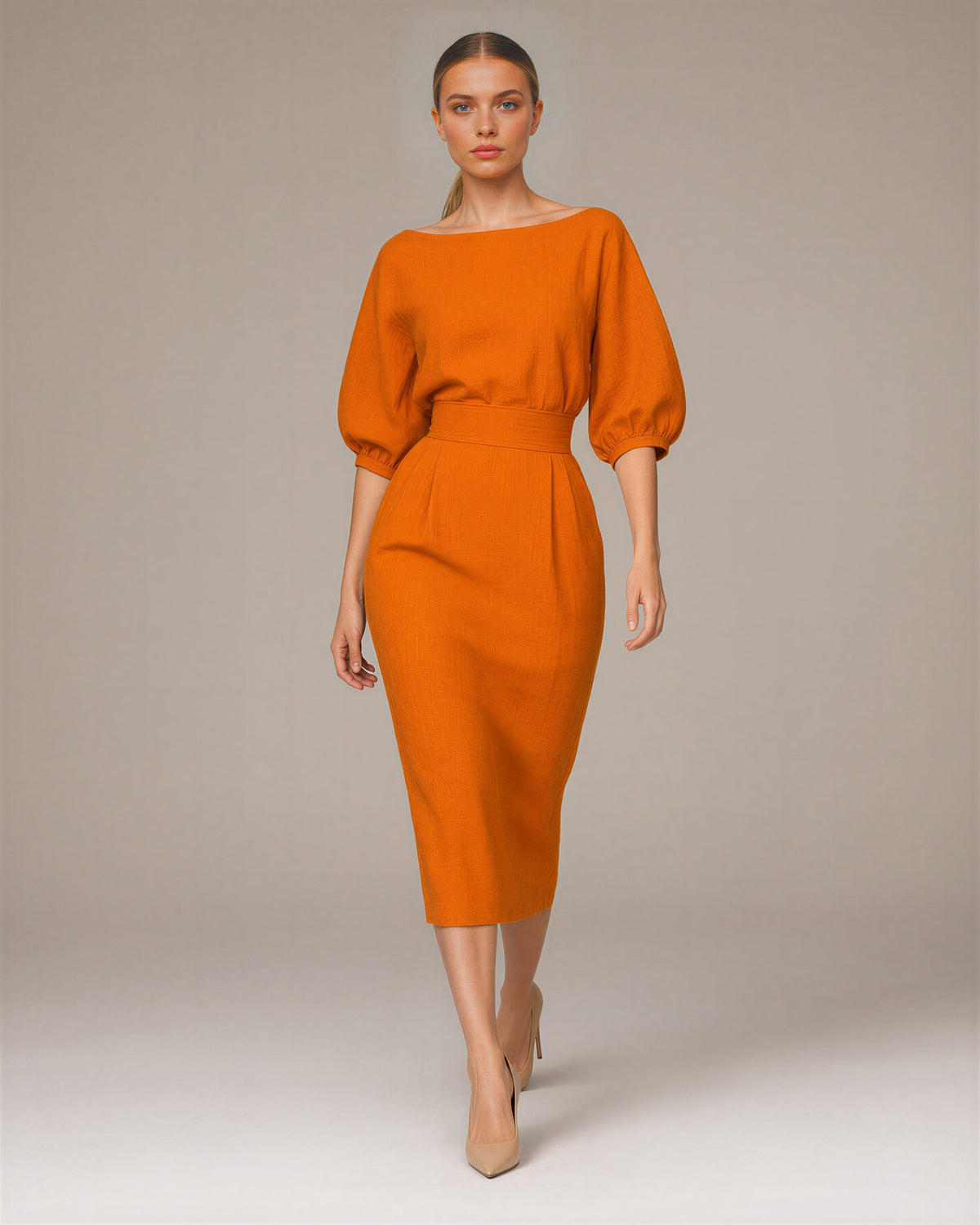 Aurora Boat Neck Balloon Sleeve Midi Pencil Dress, orange, full length walking view