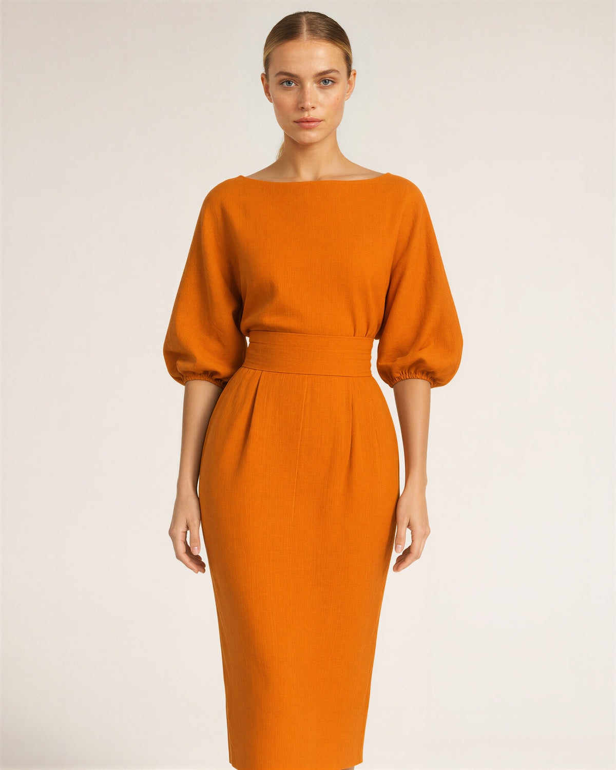Aurora Boat Neck Balloon Sleeve Midi Pencil Dress, orange, front view
