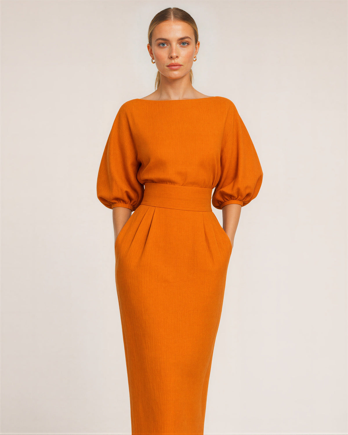 Aurora Boat Neck Balloon Sleeve Midi Pencil Dress, orange, three quarter view