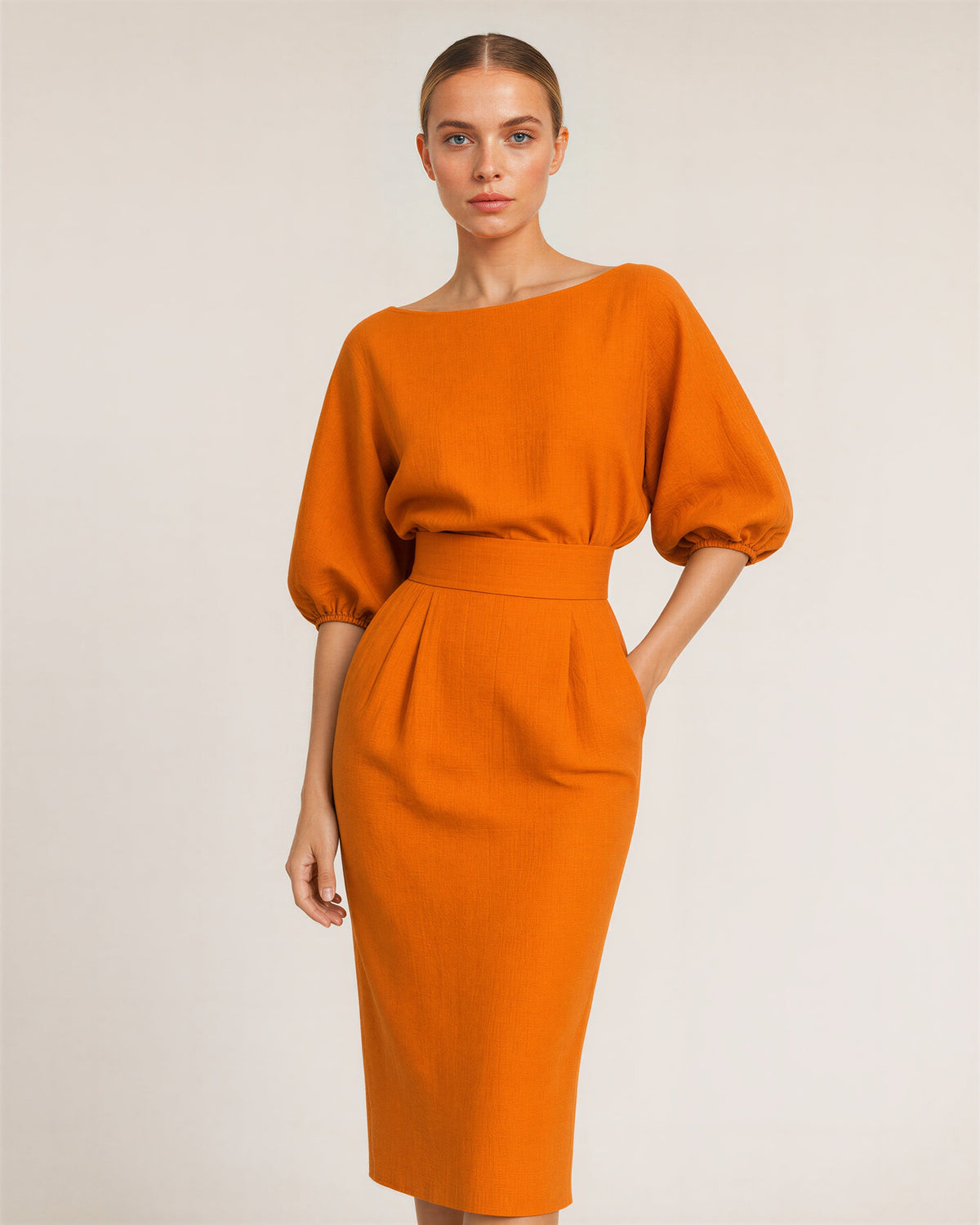 Aurora Boat Neck Balloon Sleeve Midi Pencil Dress, orange, front, hands on the waist