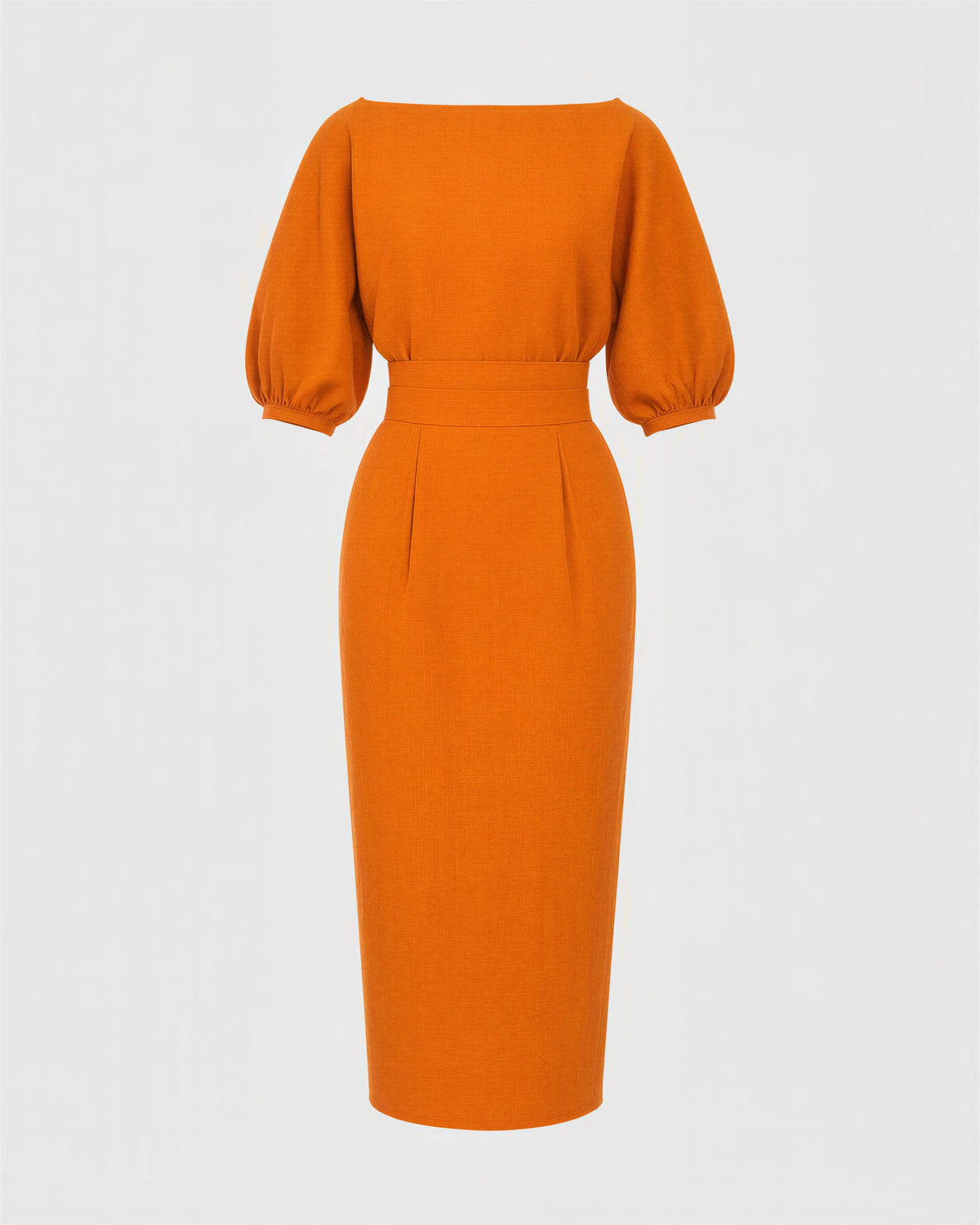 Aurora Boat Neck Balloon Sleeve Midi Pencil Dress, orange, product view without a model