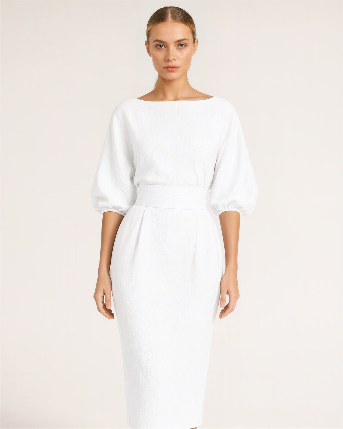 Aurora Boat Neck Balloon Sleeve Midi Pencil Dress, white color option