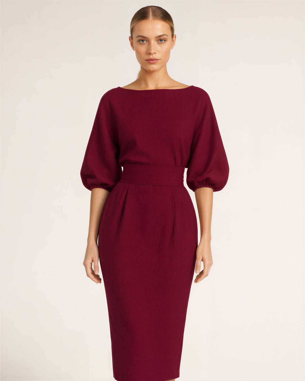 Aurora Boat Neck Balloon Sleeve Midi Pencil Dress, burgundy color option