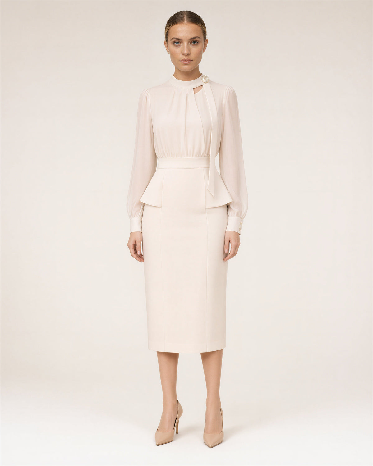 Beatrice Chiffon Sleeve Peplum Midi Dress, beige, full length front view