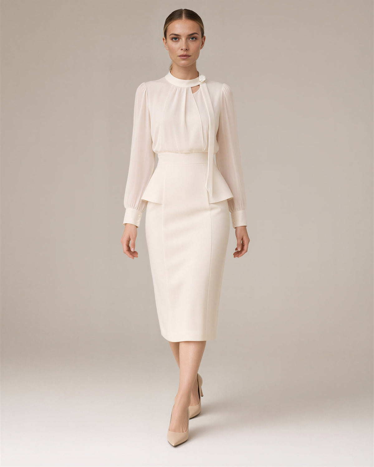 Beatrice Chiffon Sleeve Peplum Midi Dress, beige, full length walking view