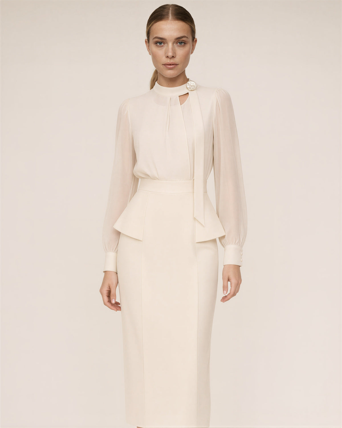 Beatrice Chiffon Sleeve Peplum Midi Dress, beige, front view