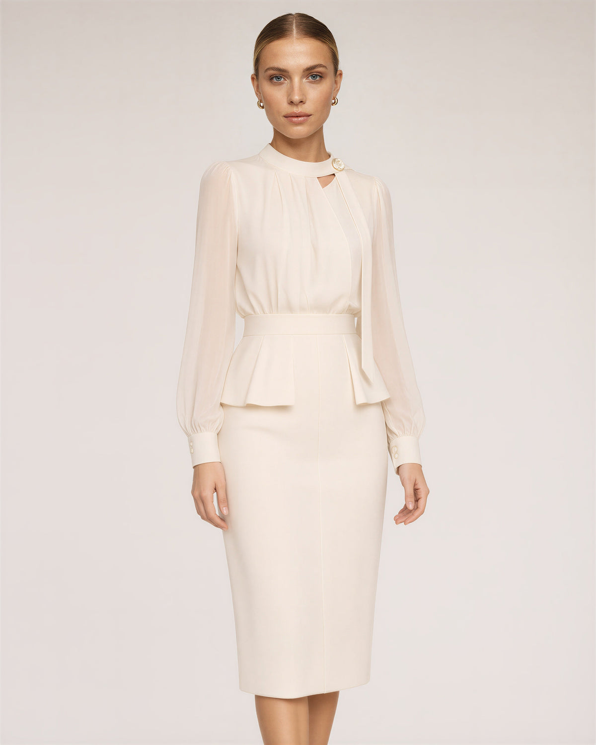 Beatrice Chiffon Sleeve Peplum Midi Dress, beige, three quarter view