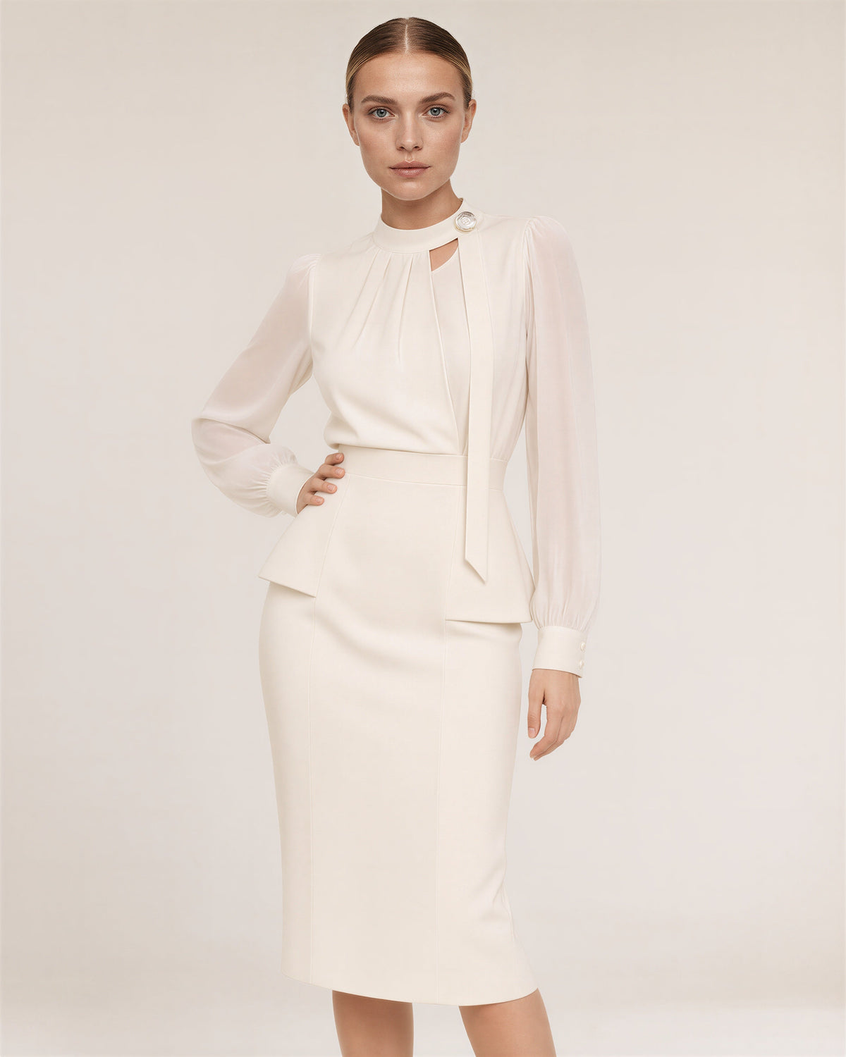 Beatrice Chiffon Sleeve Peplum Midi Dress, beige, front, hands on the waist