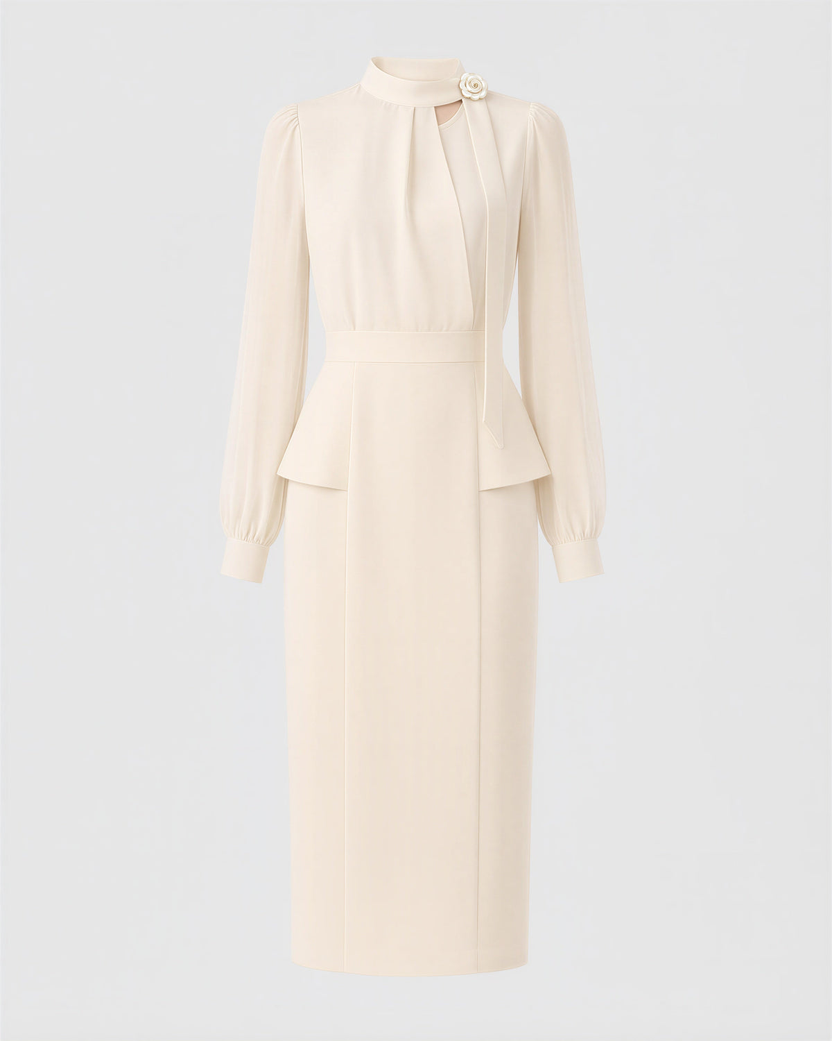 Beatrice Chiffon Sleeve Peplum Midi Dress, beige, product view without a model