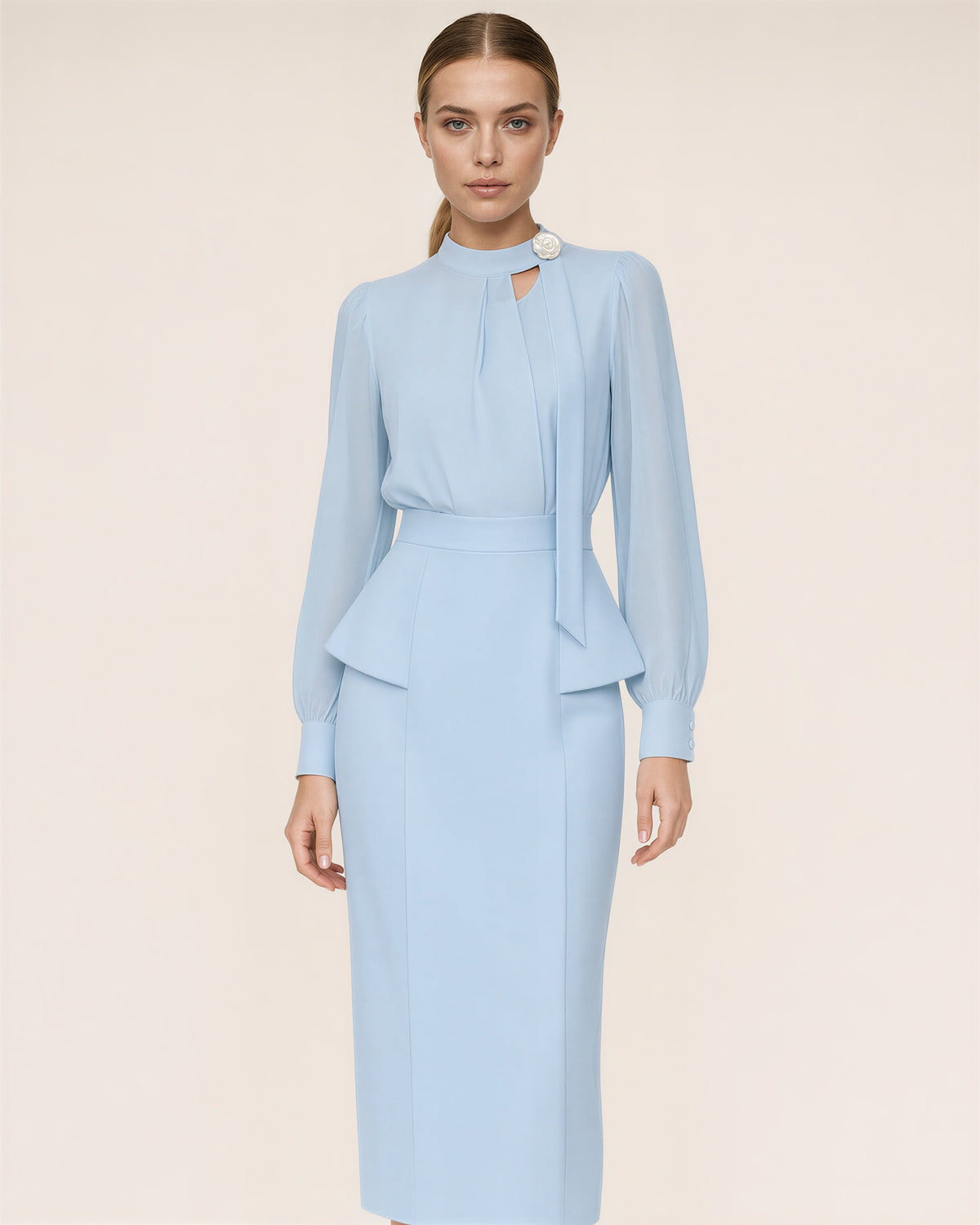 Beatrice Chiffon Sleeve Peplum Midi Dress, ice blue color option