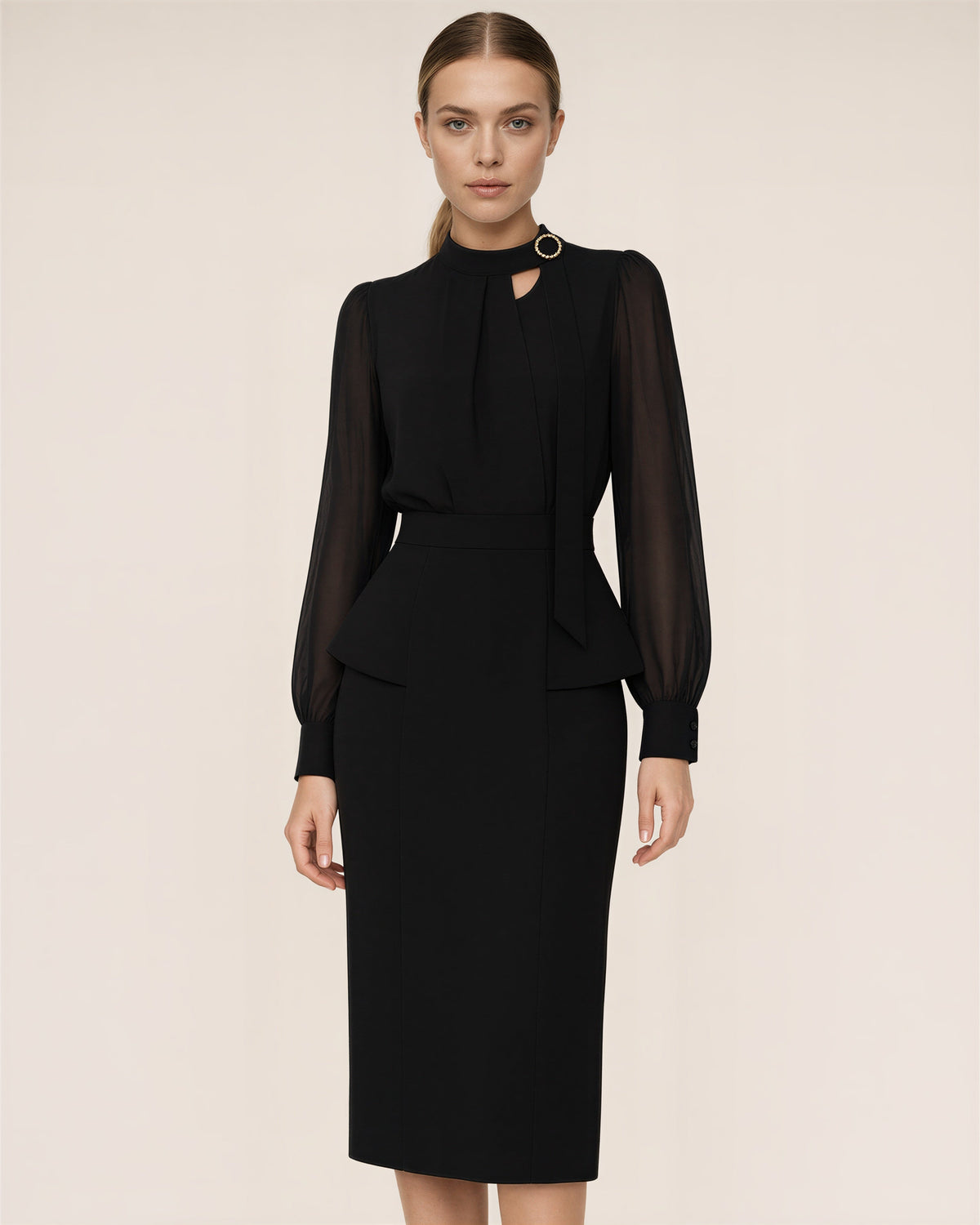 Beatrice Chiffon Sleeve Peplum Midi Dress, black color option