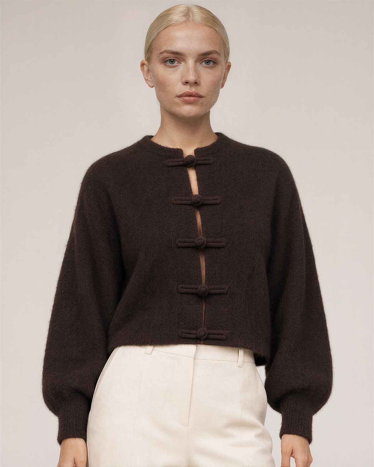 Bettina Frog Button Brushed Cropped Cardigan, dark brown, close up above the waist