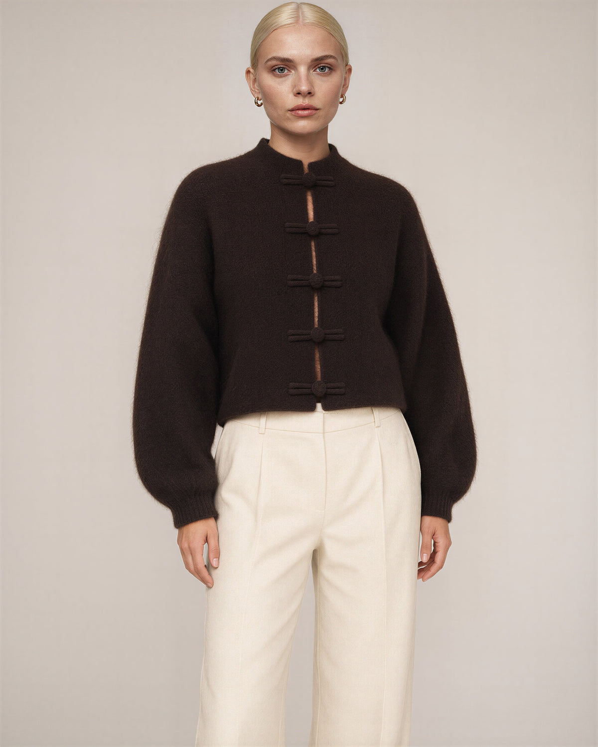 Bettina Frog Button Brushed Cropped Cardigan, dark brown, three quarter view