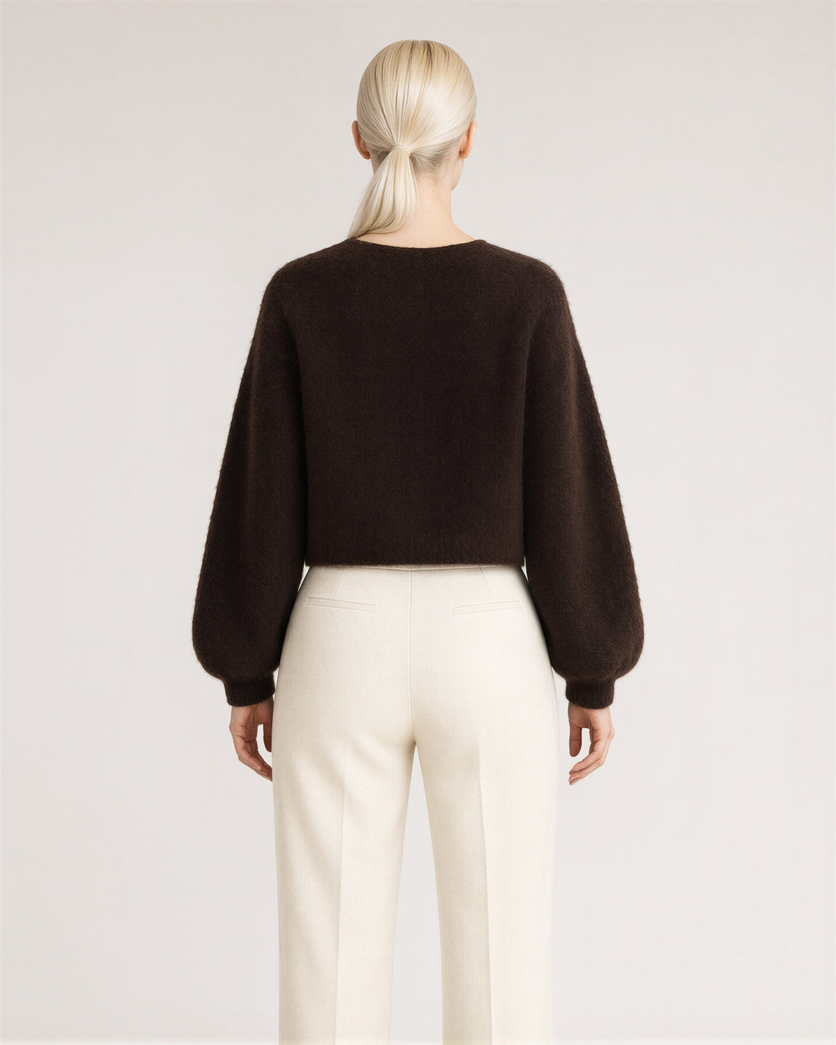 Bettina Frog Button Brushed Cropped Cardigan, dark brown, back view