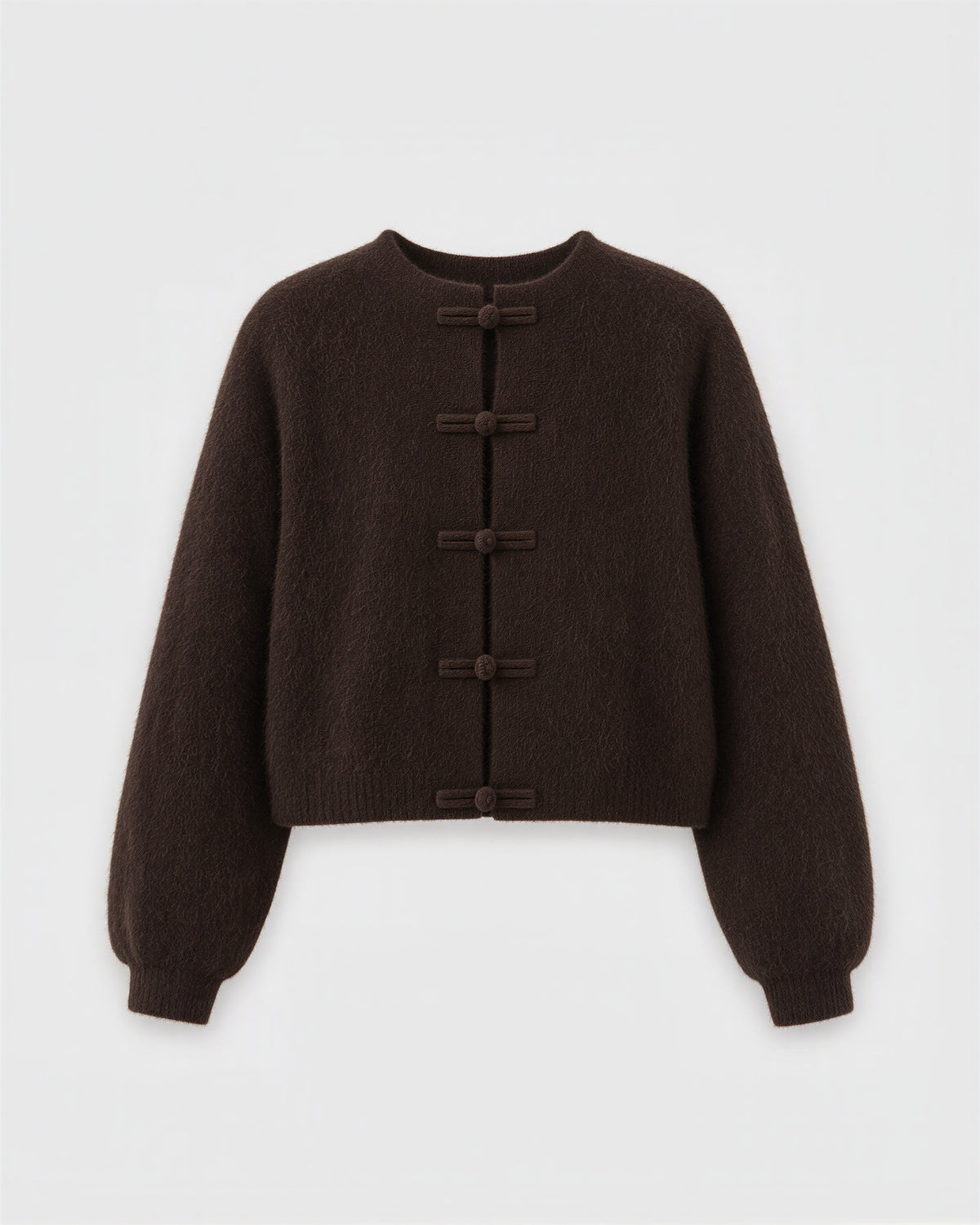 Bettina Frog Button Brushed Cropped Cardigan, dark brown, product view without a model