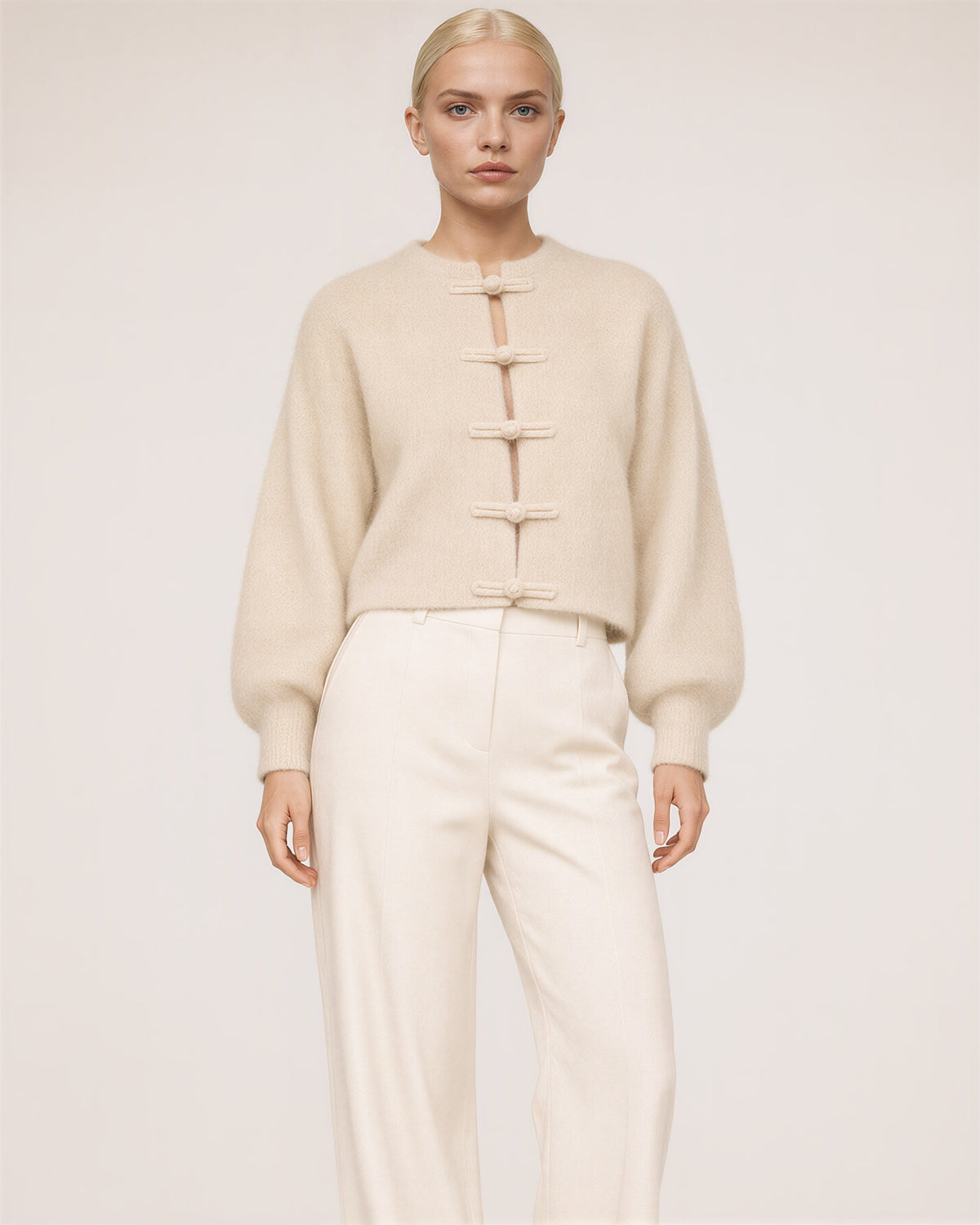 Bettina Frog Button Brushed Cropped Cardigan, cream color option