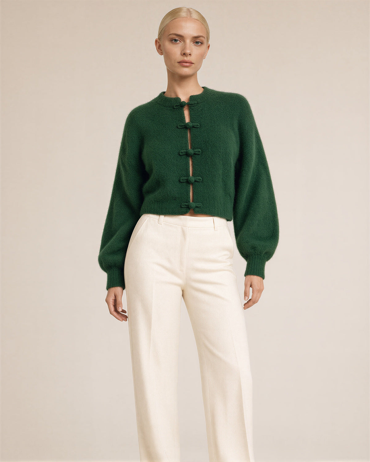 Bettina Frog Button Brushed Cropped Cardigan, dark green color option