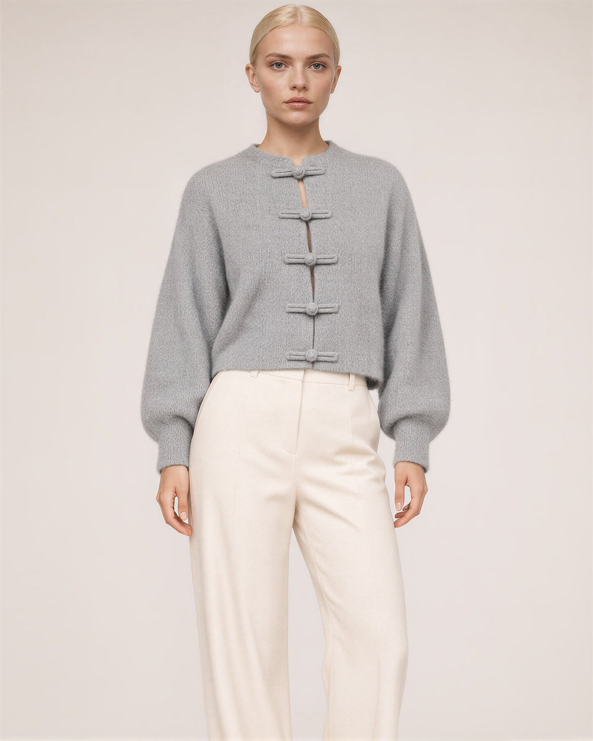 Bettina Frog Button Brushed Cropped Cardigan, grey color option