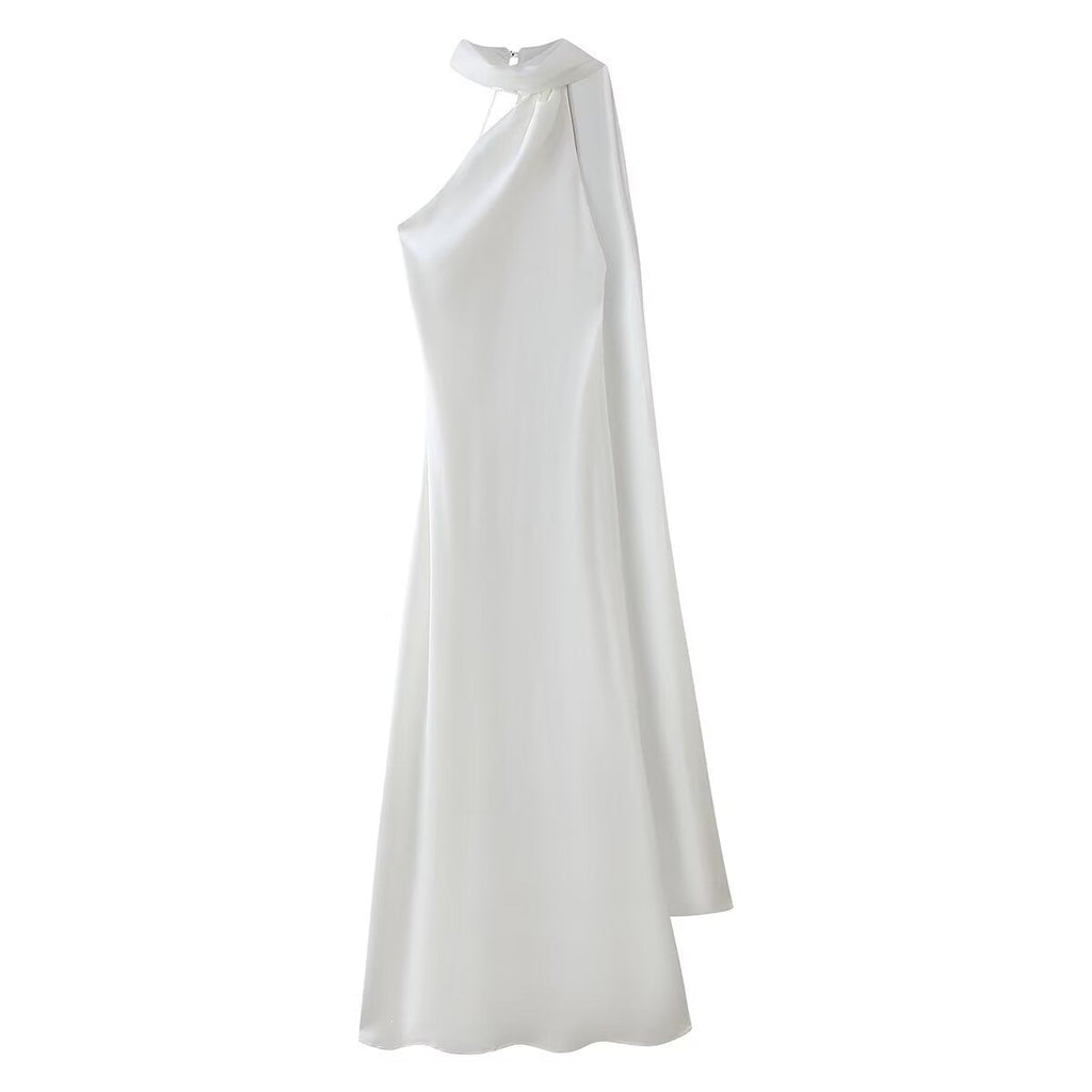 Backless Satin Halter Maxi Dress in White — Svelte Chic