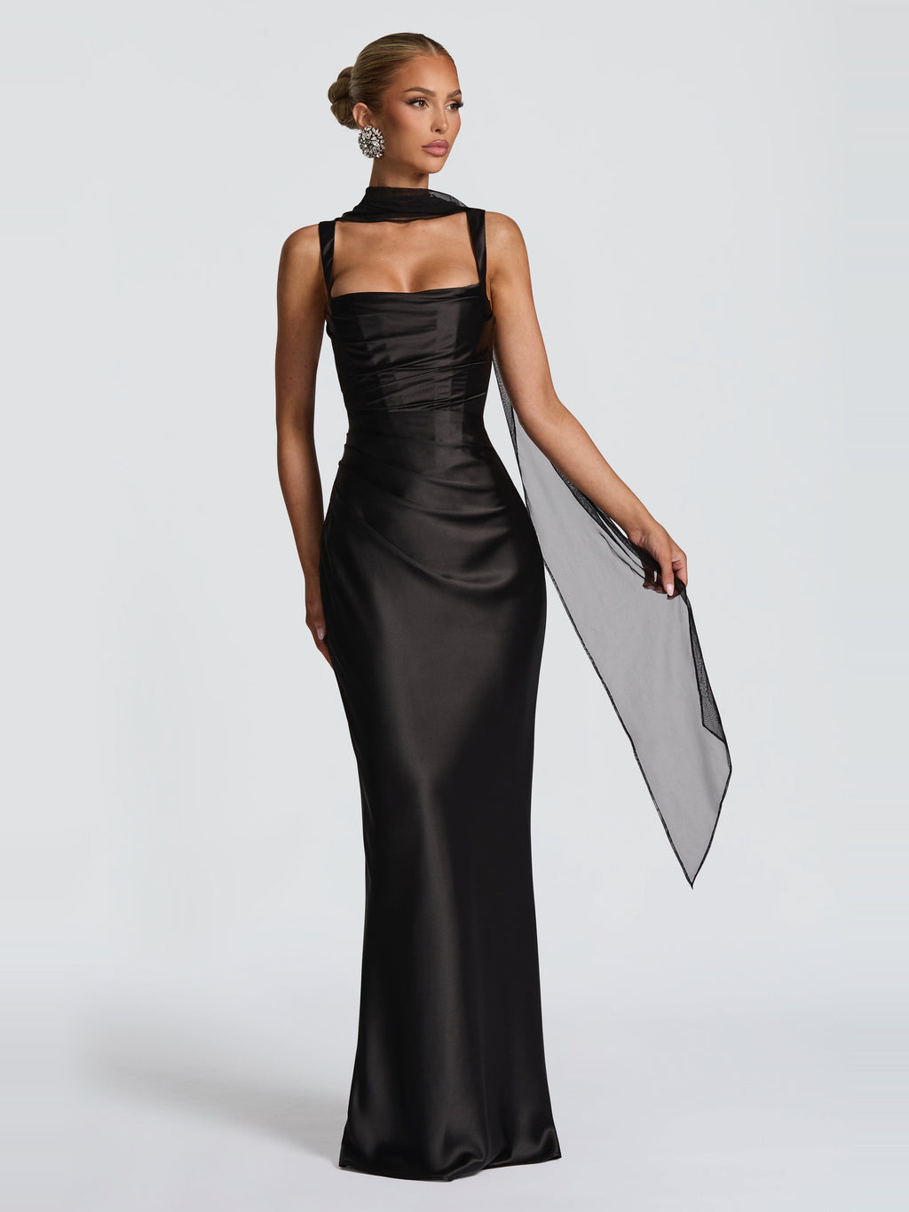 Livia Square Neck Corset Satin Maxi Dress in Black — Svelte Chic