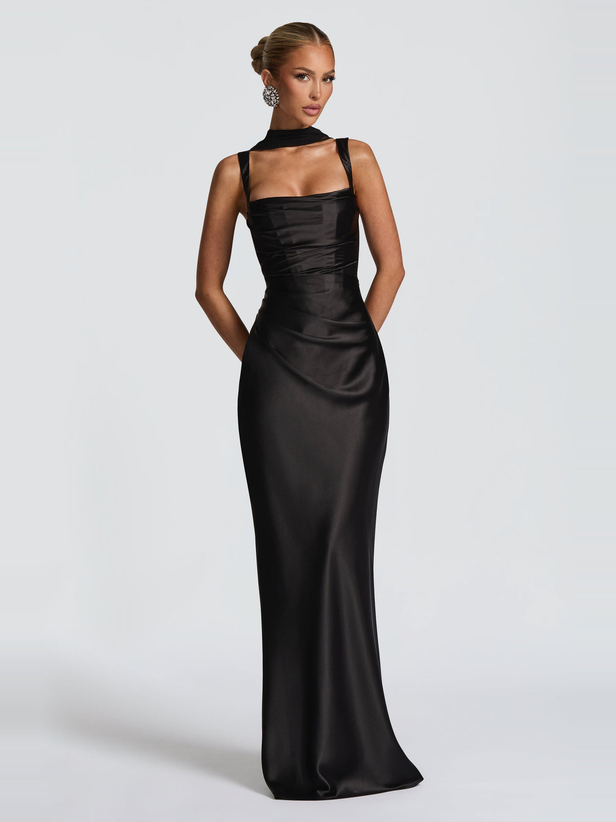 Livia Square Neck Corset Satin Maxi Dress — Svelte Chic