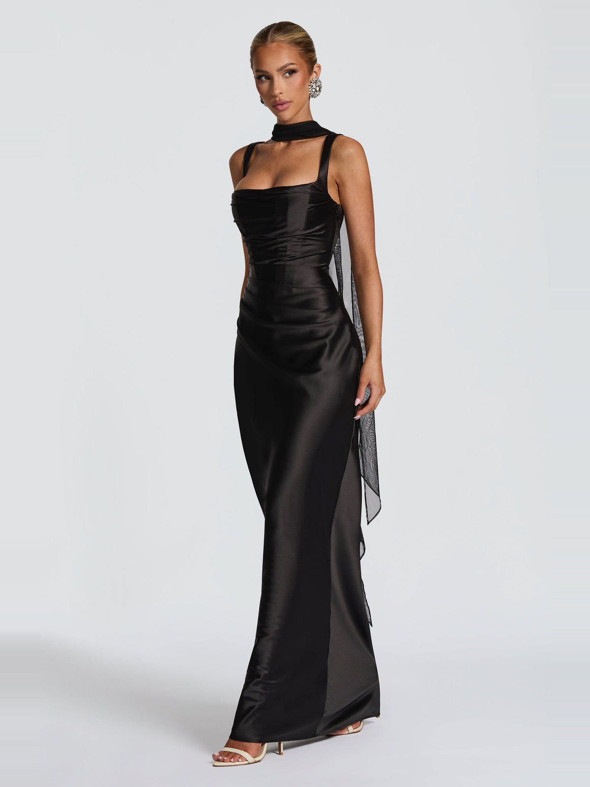 Livia Square Neck Corset Satin Maxi Dress — Svelte Chic